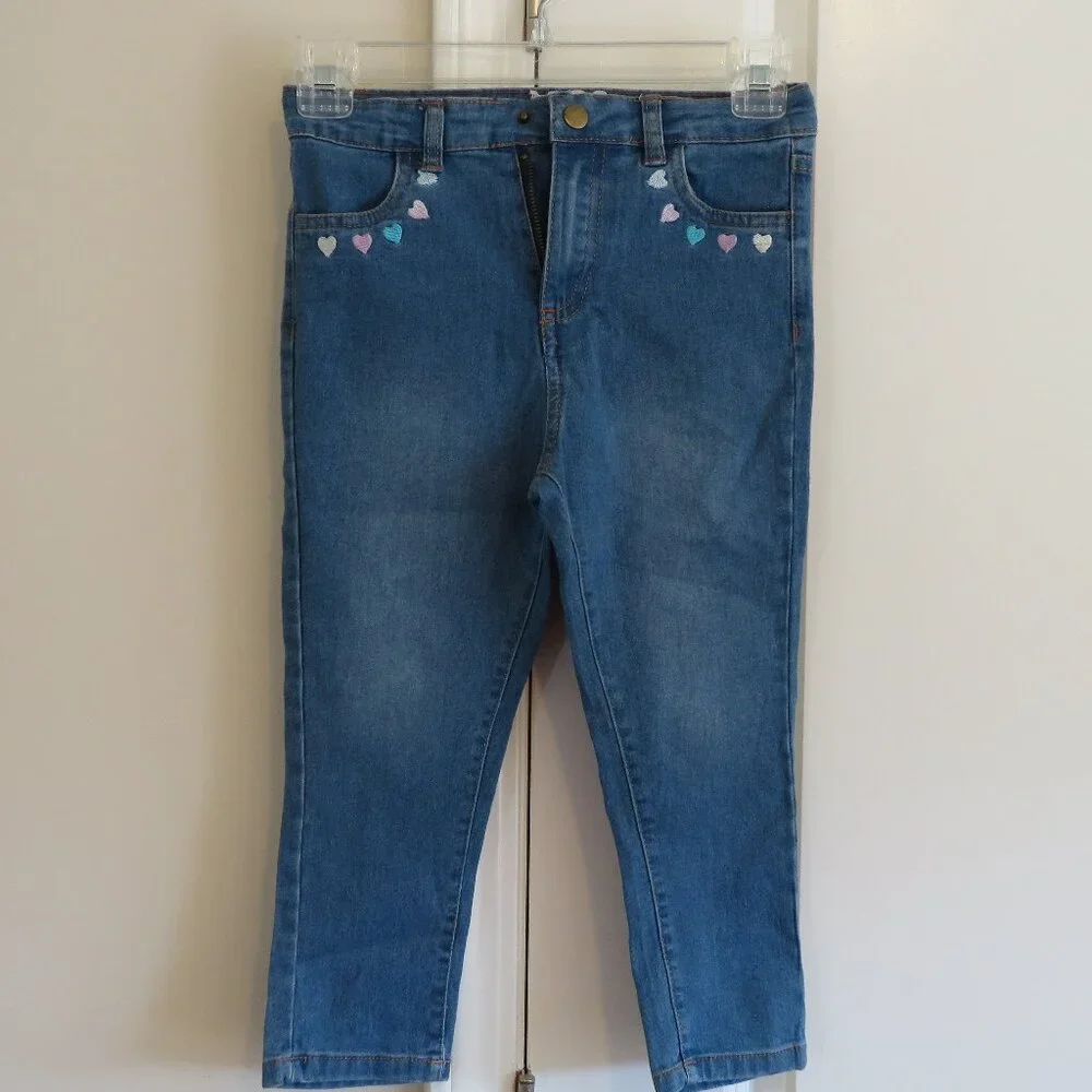 Girls Blue Denim Jeans‎ w/ Pastel Heart Embroidery – Size 6